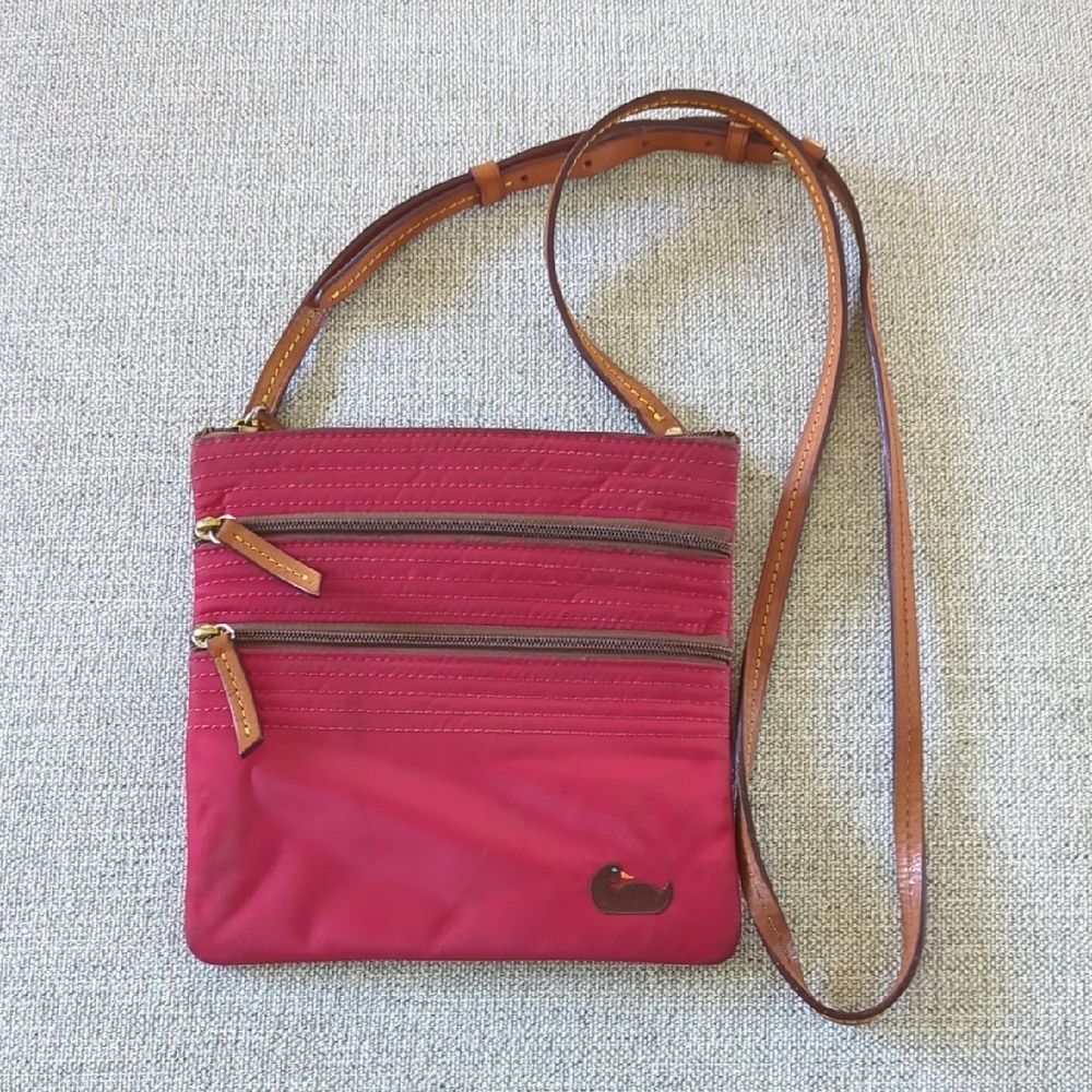 Red Nylon Dooney & Bourke Triple Zip Crossbody with tan Leather Trim